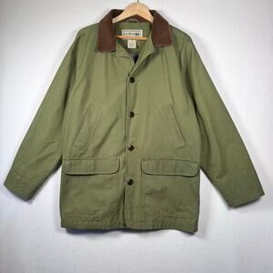 Vintage L.L Bean Chore Coat Jacket Canvas Work Barn Green Corduroy Collar Men M